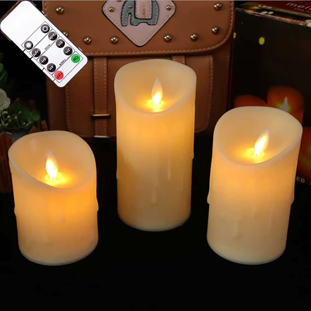 3er-Pack dekorative LED-Kerzen mit ferngesteuertem beweglichem Docht, batteriebetriebene tanzende Hochzeits-Stumpenkerzen mit realistischer Flamme