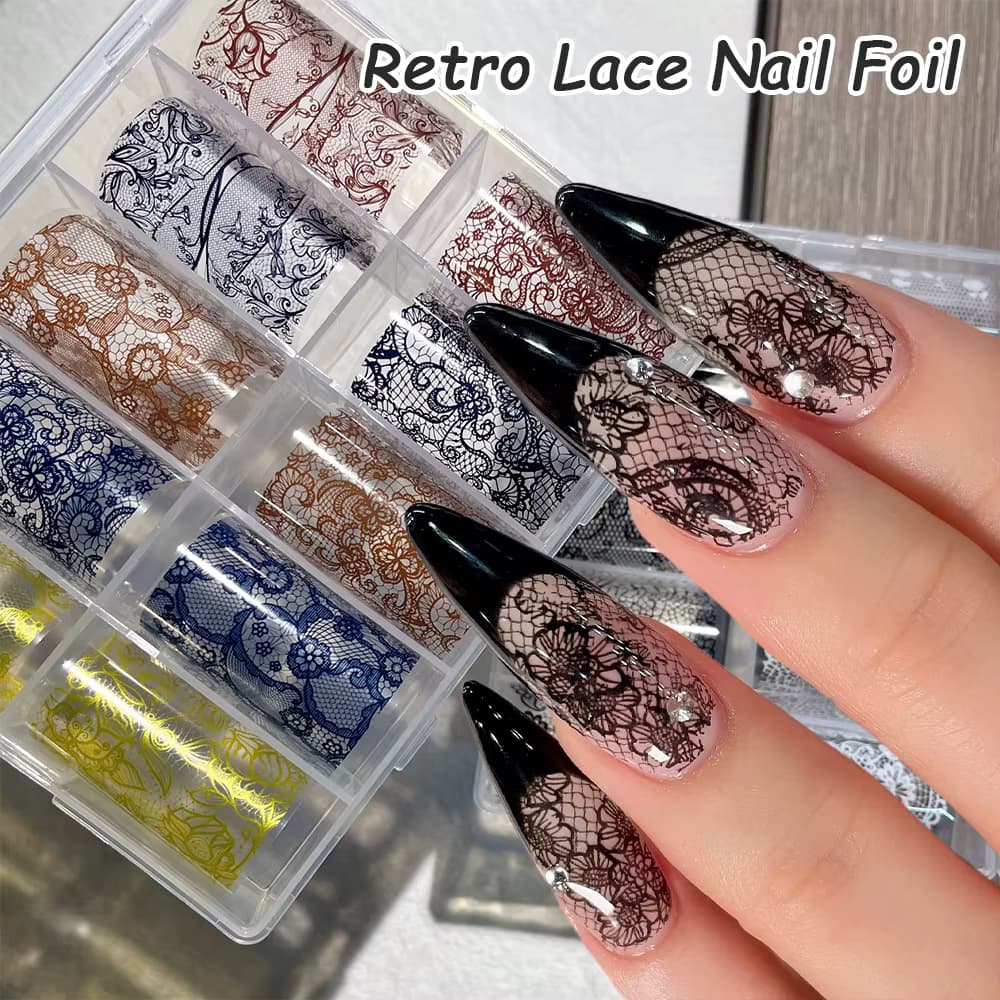 10 Rollen Bunte Retro-Spitzen-Nageltransferfolien mit Ausgestanztem Blumenmuster, Gotische Vintage-Spitzen-Nagelaufkleber, DIY Nagelkunst-Zubehör