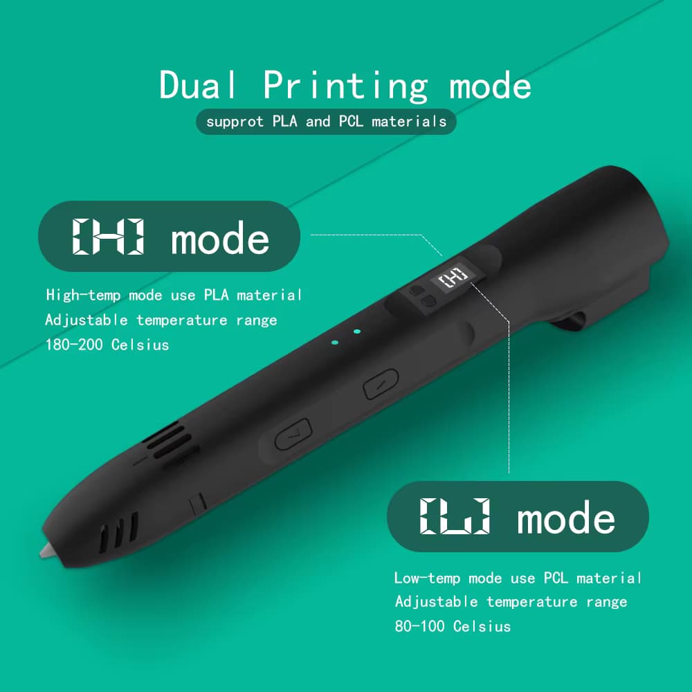QCREATE 012C 3D-Druckstift PLA PCL Arbeitsmodi Einstellbare Geschwindigkeiten und Temperatur Kompatibel mit 1,75 mm PLA PCL-Filament