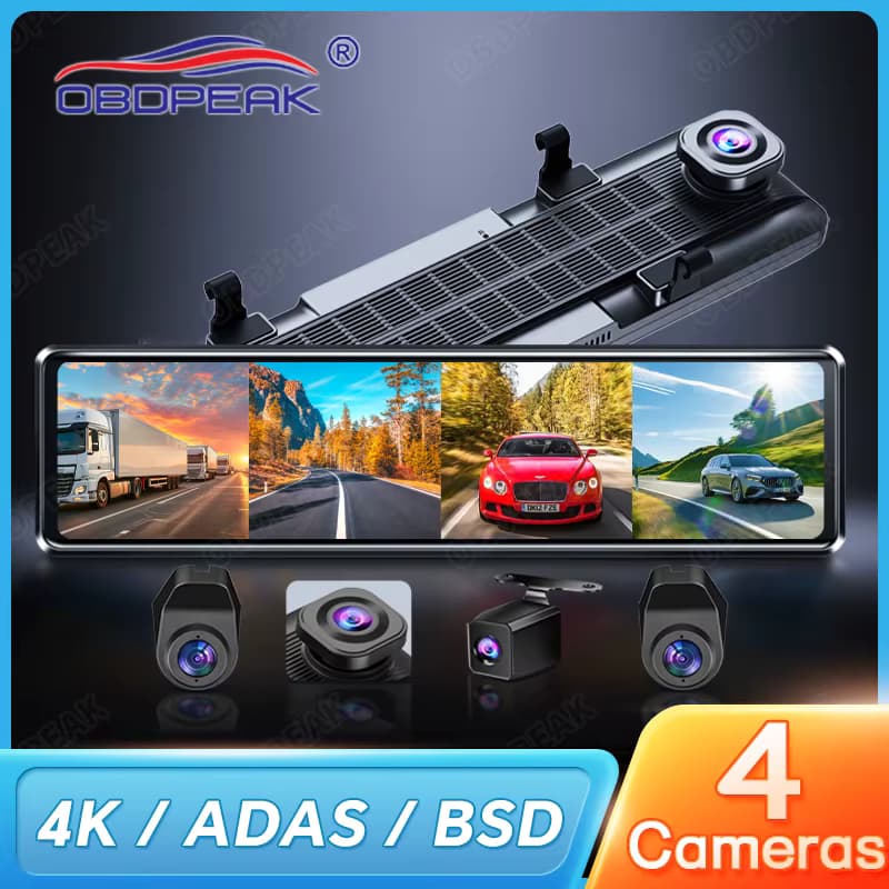 OBDPEAK A8 4CH 11,26'' Rückspiegel Dash Cam 4K Vorne, Hinten und Seite (Links Rechts) FHD 3*1080P Blind Spot Assist ADAS WIFI