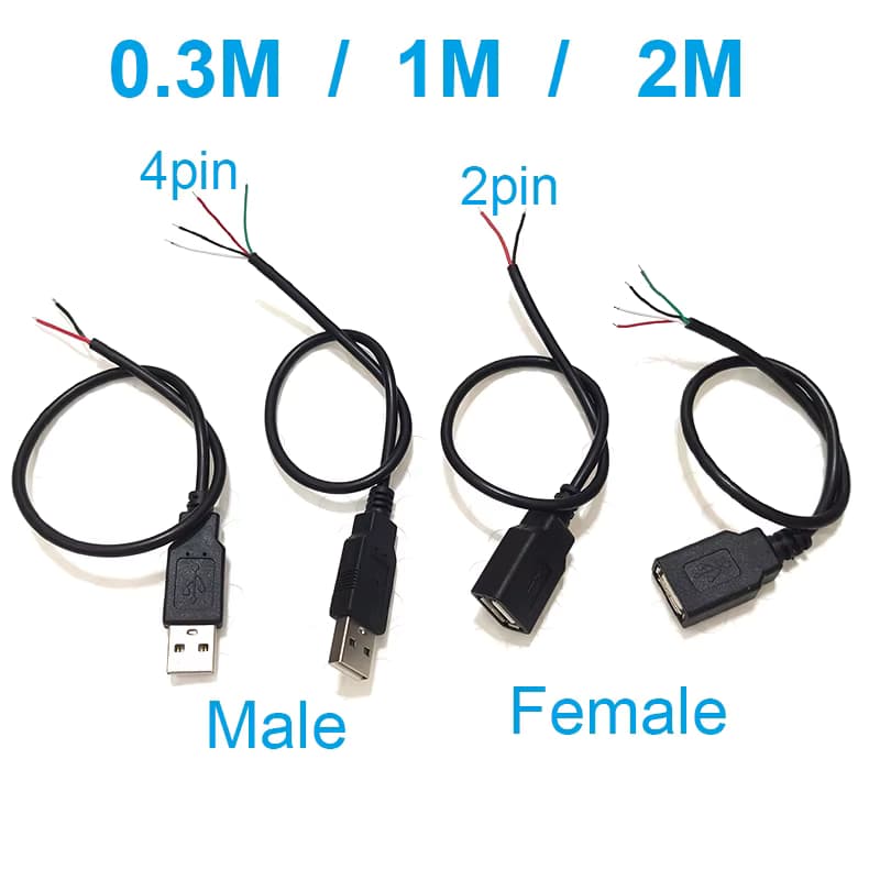 5V USB 0,3M 1M 2M 2-Pin 4-Pin 2-Draht DIY USB Stecker-Buchse Verbindungskabel Stromladekabel Verlängerungskabel Adapter