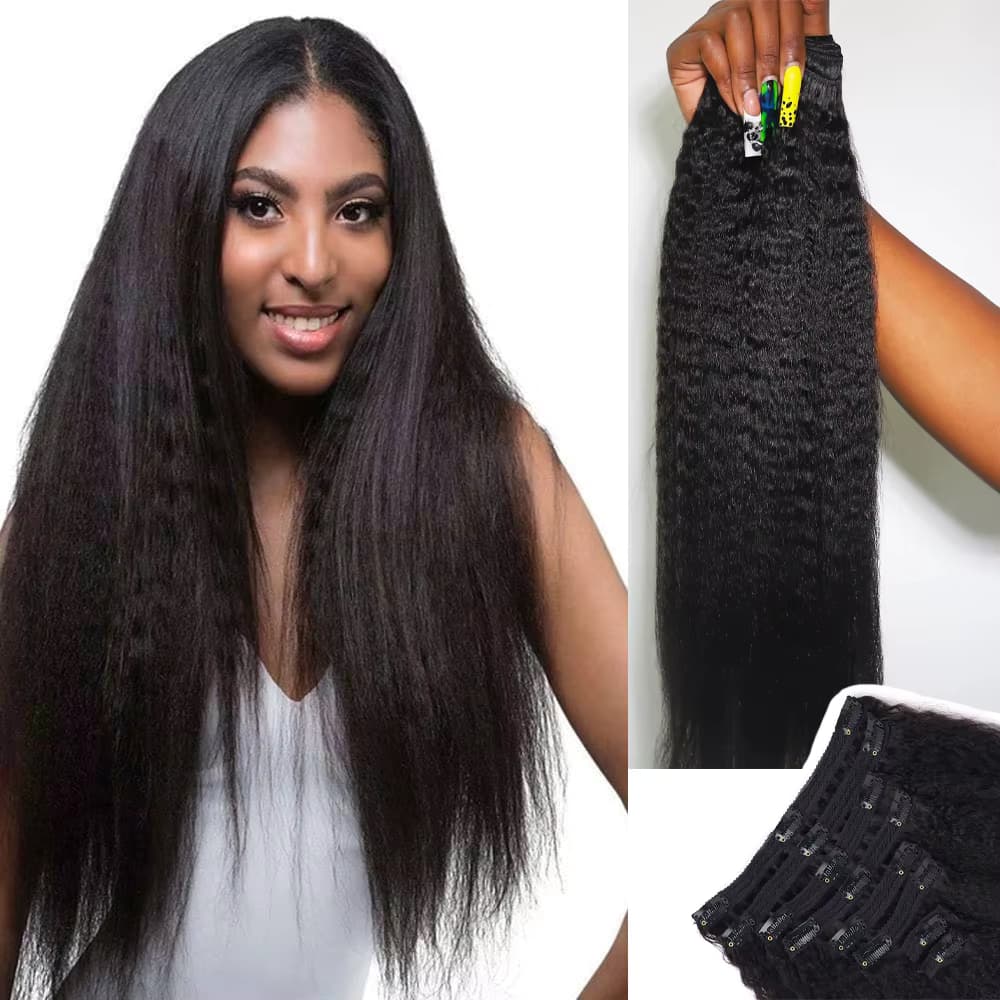 Kinky Straight Clip-In-Haarverlängerungen, 120 g, 8 Stück/Set, volles Kopfhaar, natürliches schwarzes Haar, brasilianisches, 100 % unbehandeltes Echthaar, 26 Zoll
