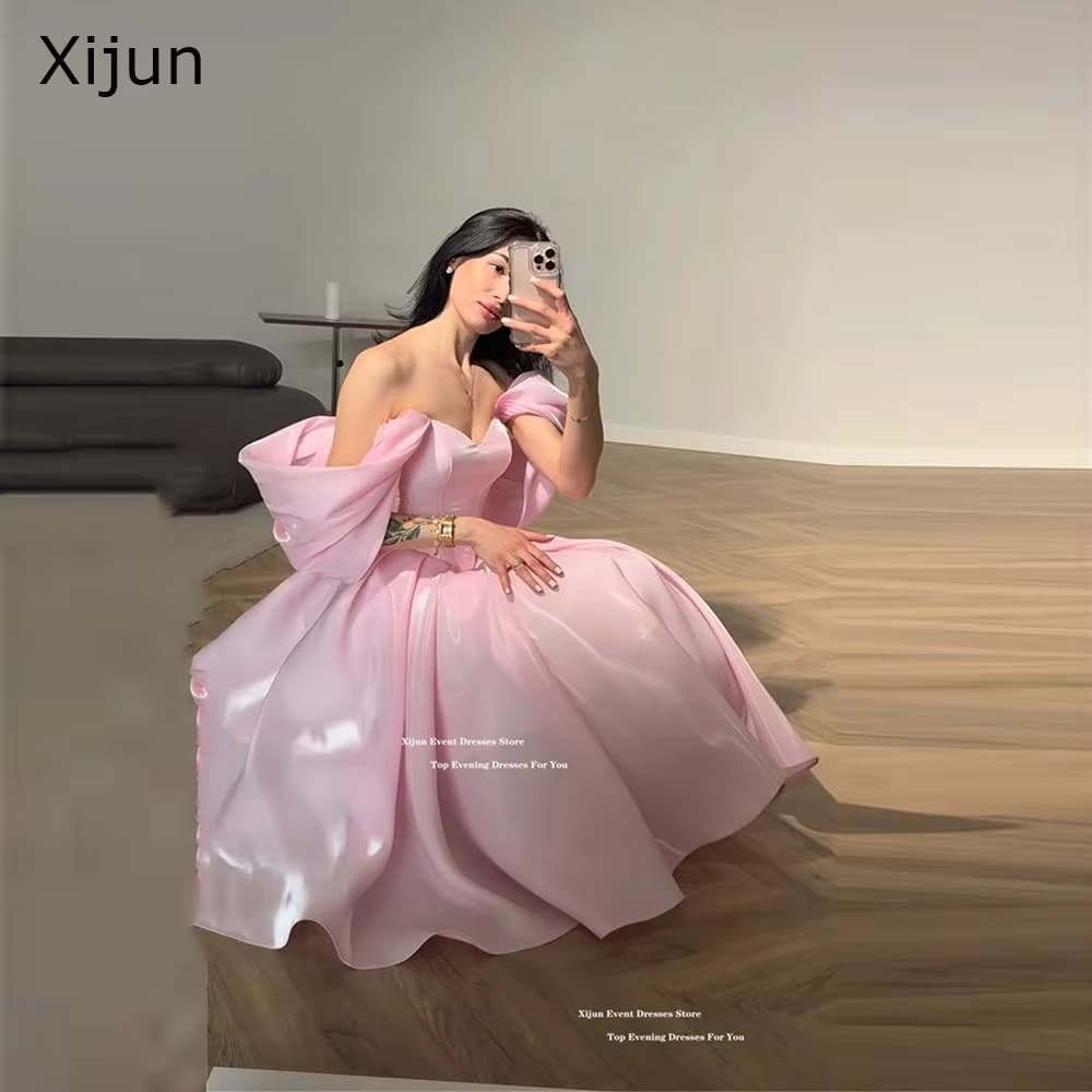 Xijun Moderne rosa Abendkleider, schulterfrei, A-Linie, Geburtstagsparty-Kleider, Korsett, glänzend, knöchellang, Ballkleider, individuell gestaltet