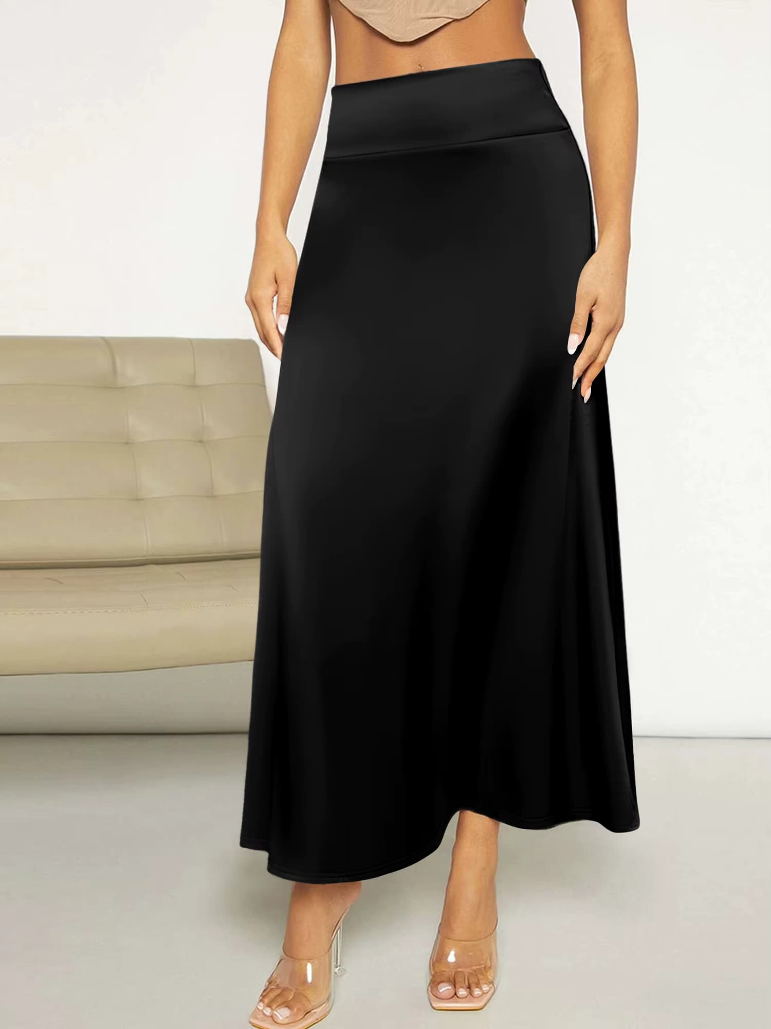 Damen-Midirock mit hoher Taille, A-Linie, fließendem Saum, elastischem Bund, weichem Stoff für ungezwungene Anlässe, Arbeitsbesprechungen und tägliche Ausflüge.