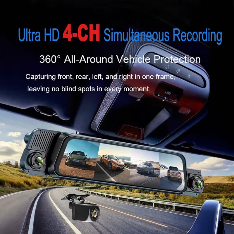4K 4CH Streaming-Dashcam mit 24-Stunden-Parküberwachung, App-Steuerung, Nachtsicht, Bewegungsmelder, G-Sensor, Zeitraffer und Loop-Aufnahme
