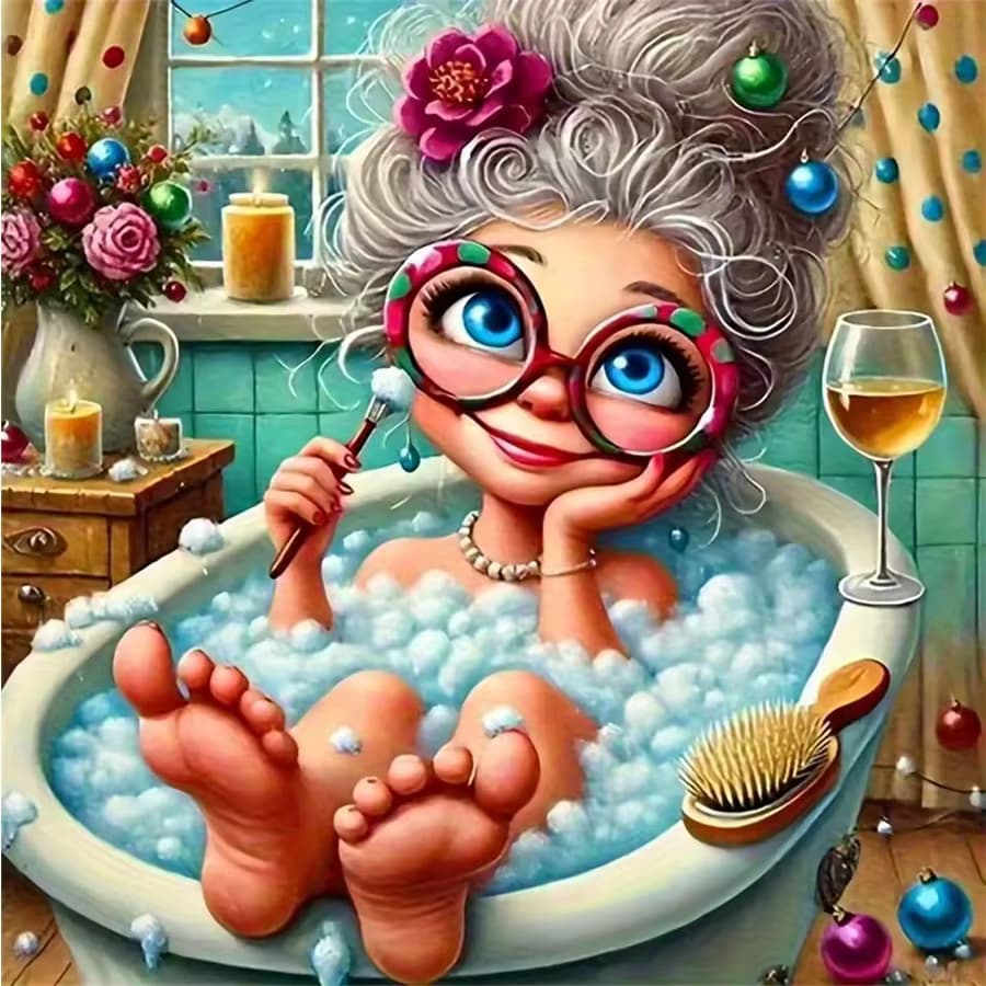 Cartoon-Motiv einer Frau, die ein Bad nimmt, Diamantmalerei, Badezimmer, Badewanne, Blumen- und Weinmuster aus Strass-Stickerei, Mosaik-Dekor