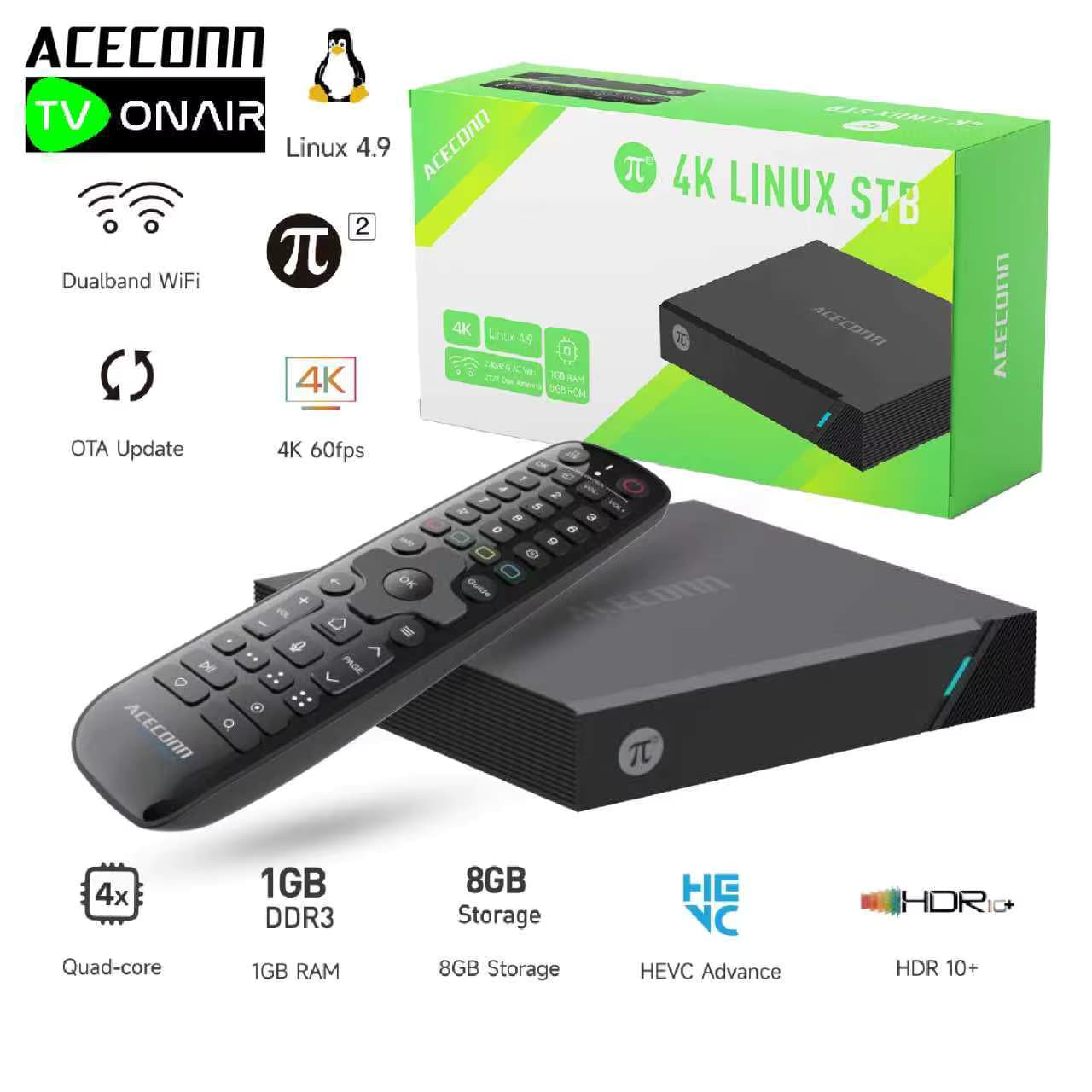 4K Linux TV Box Pi2 ACECONN TVPlus Streaming Set-Top-Box TVONAIR Player 1 GB + 8 GB IPTV-Abonnementbox