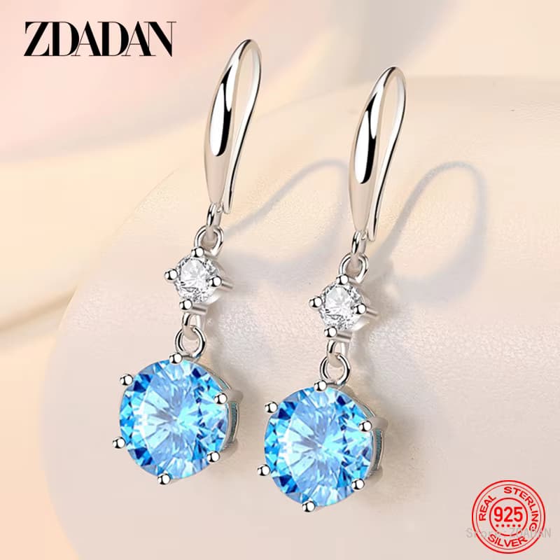 ZDADAN 925 Silber Runde Blaue Zirkon Lange Tropfen Ohrringe Für Frauen Mädchen Mode Schmuck