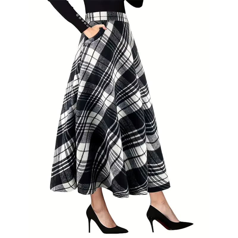 A-line Vintage Plaid Rock Herbst Winter Woolen Rock Frauen Koreanischen Stil Dicke Hohe Taille Lange Midi Rock Baumwolle Gefaltete Rock