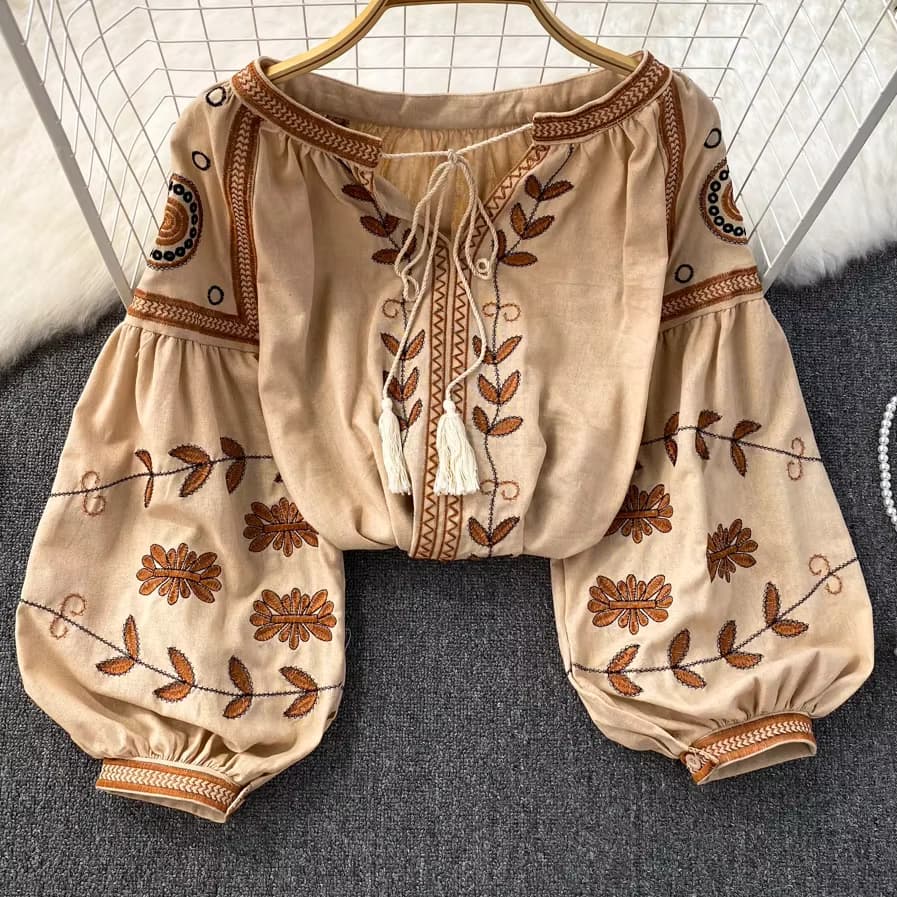 TEELYNN Vintage Langarm Blusen Shirts Frauen Tops Casual Baumwolle Leinen Floral Stickerei Lose Bluse Sommer Boho Strand Blusa