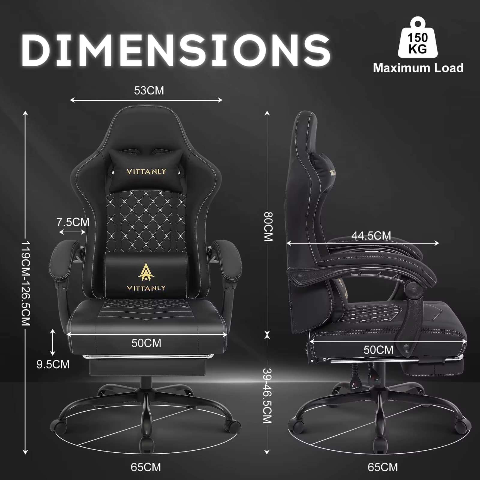 Vittanly Gaming-Stuhl mit Federkissen, ergonomischer Gaming-Stuhl, Gamer-Stuhl mit Kopfstütze, Lendenkissen und Fußstütze, höhenverstellbarer drehbarer Gaming-Stuhl, Bürostuhl, 150 kg