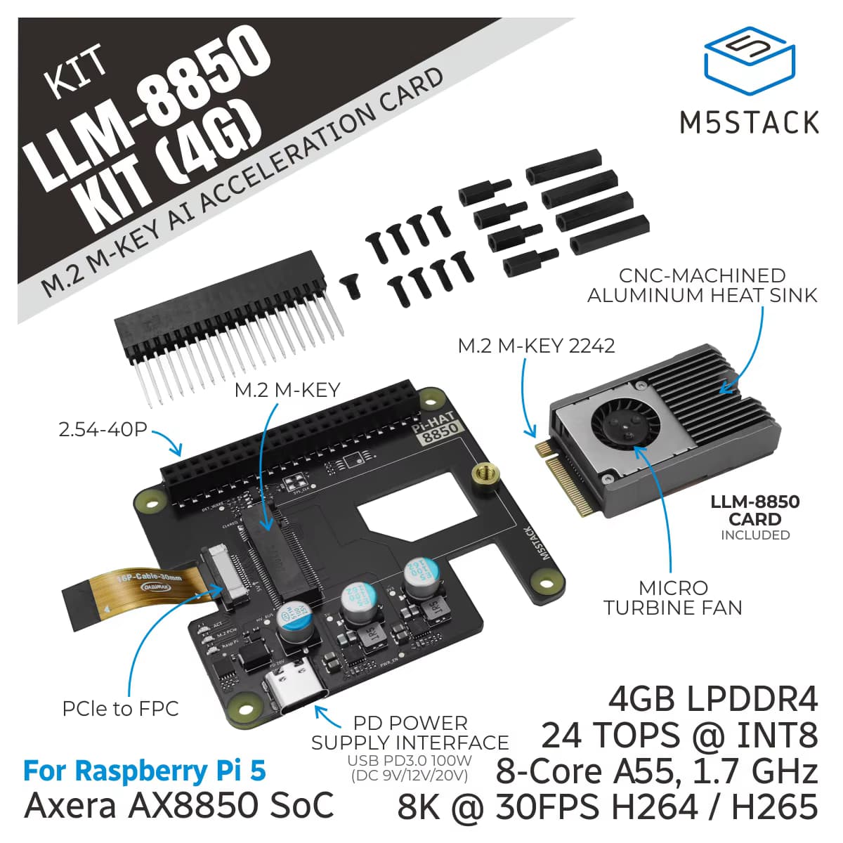 M5Stack Offizielles AI-8850 LLM Beschleunigungs-M.2-Kit 4GB Version (AX8850)