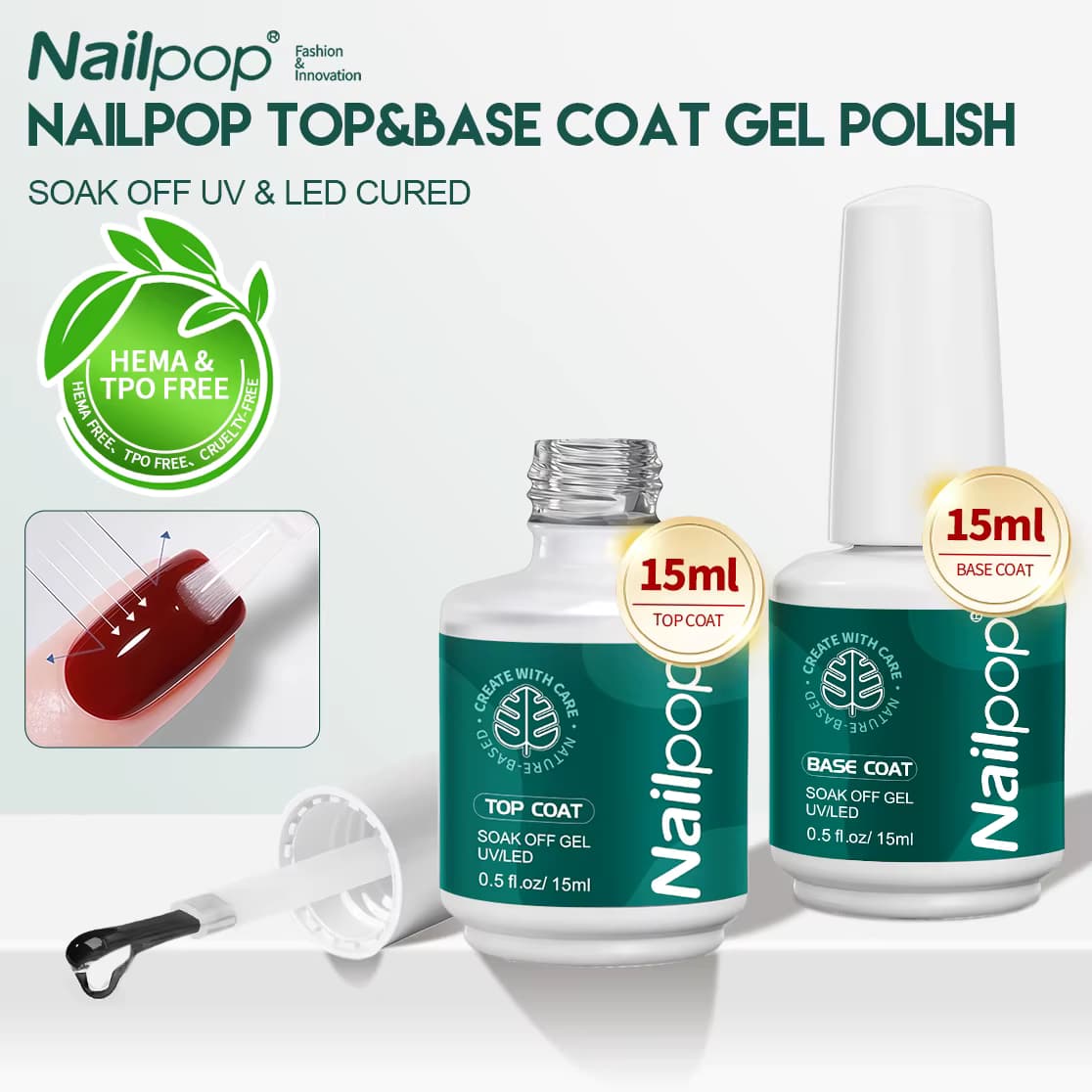 Nailpop Top Base Coat Gel HEMA/TPO Free Professional Soak Off UV/LED Härteter, langanhaltender Glanz, einfaches Maniküre-Kunst-Set, transparent, 2 Stück