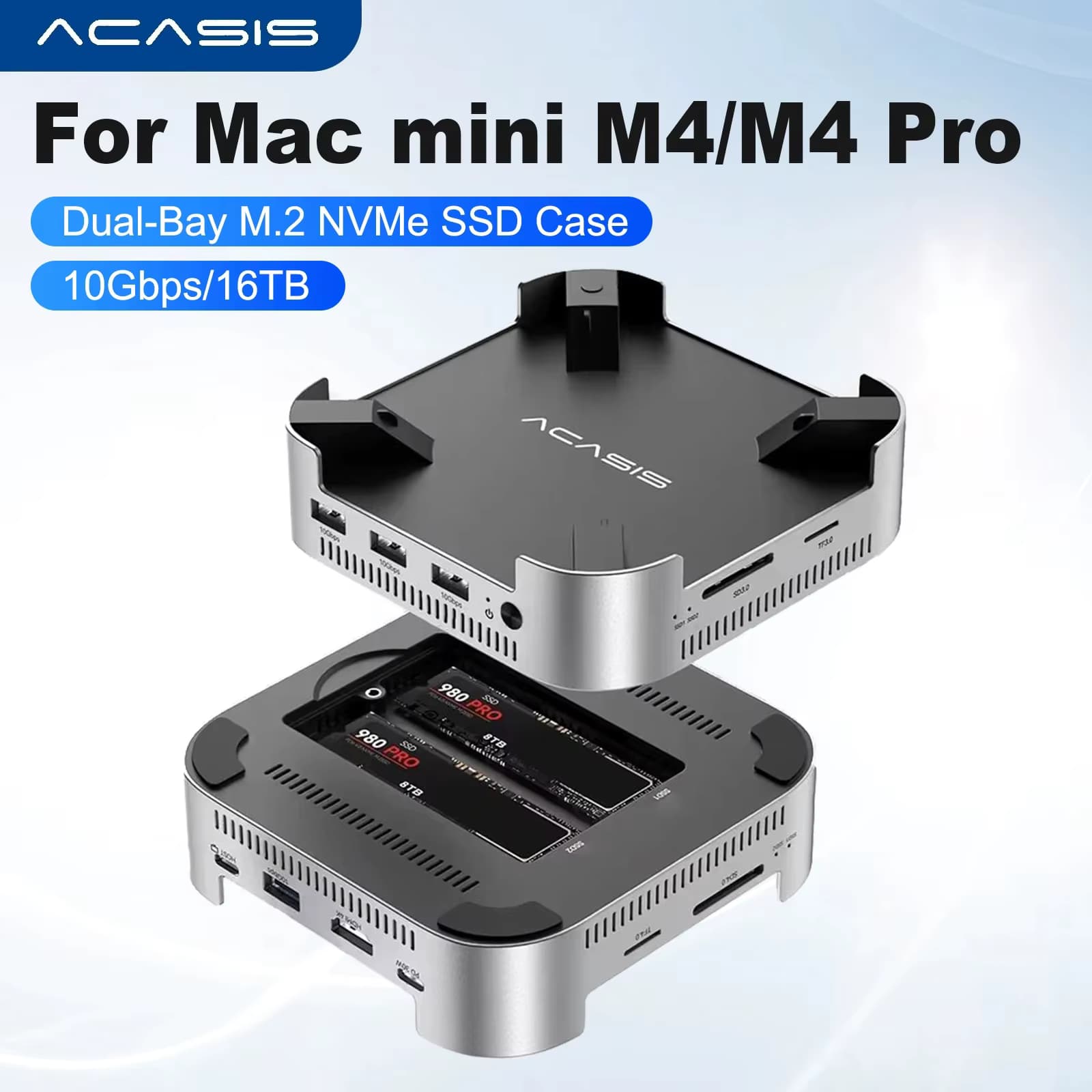 Acasis 10Gbps USB-C Dockingstation Dual-Bay M.2 NVMe SSD-Gehäuse 16TB HDMI SD/TF 3.0 für Mac Mini M4/M4 Pro Mit Kühlventilator