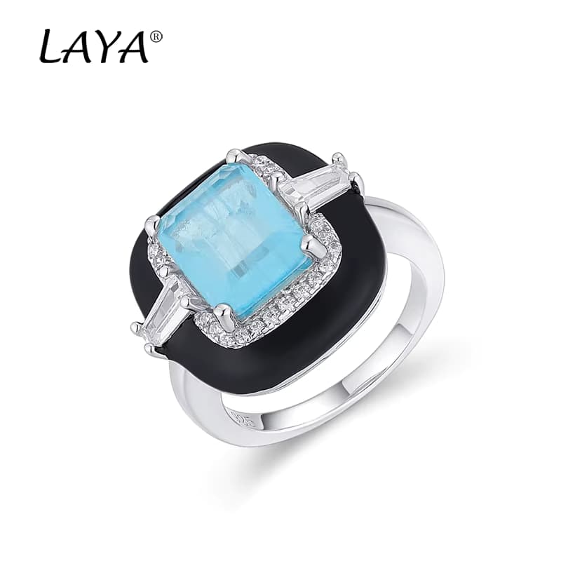 LAYA 925 Sterling Silber Mode Glänzende Zirkon Natürlichen Blauen Stein Schwarz Emaille Quadratischen Ring Für Frauen Geschenk Mode Edlen Schmuck
