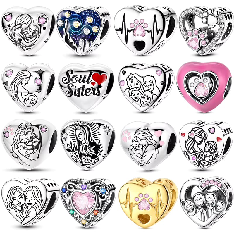 925 Sterling Silber Herzförmige Serie „Sister Love“-Charms, Perlen, passend für Original-Armbänder, DIY-Schmuck, Geschenk für Frauen