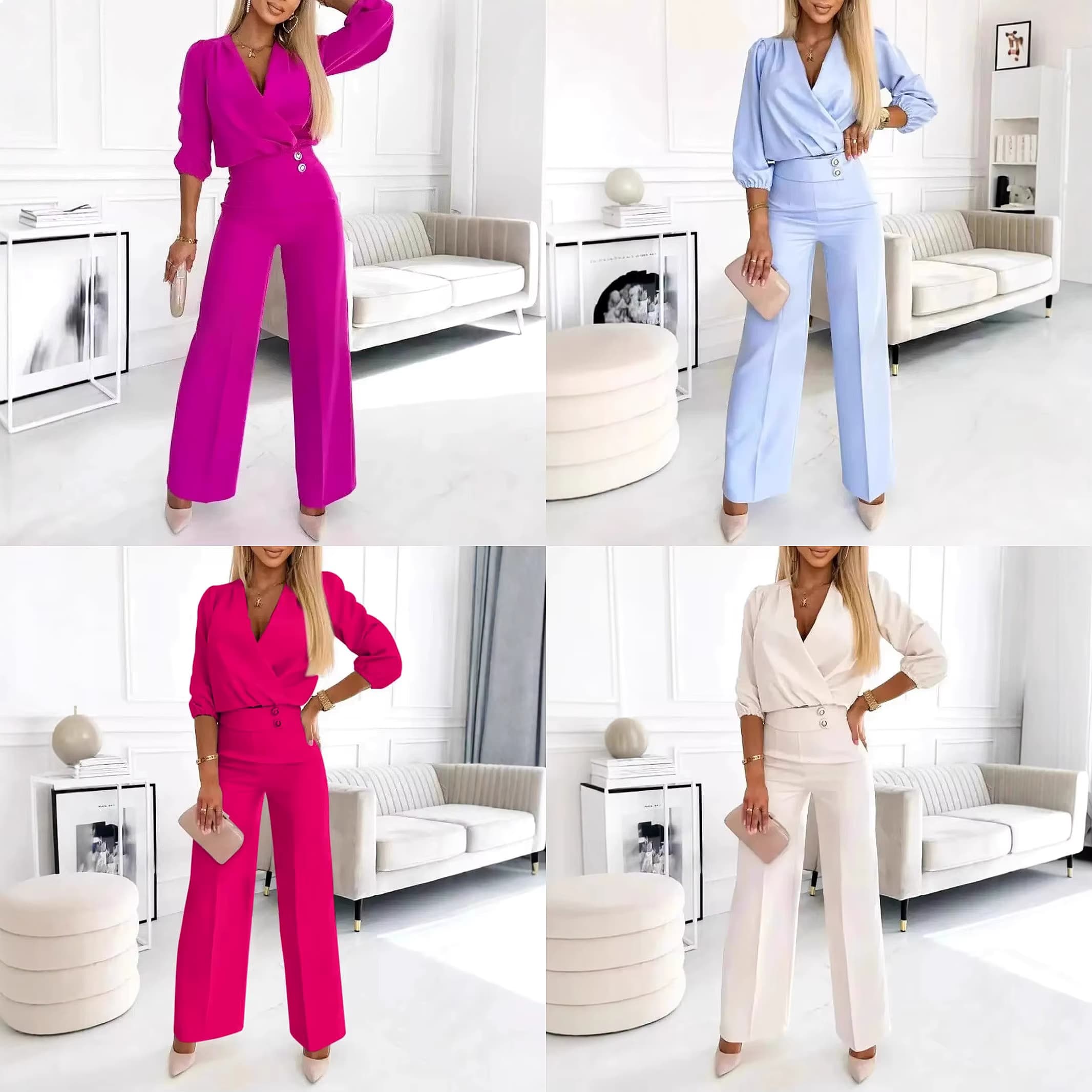Elegantes V-Ausschnitt-Oberteil mit langer Hose, Set für Damen, lässig, Büro, passende Sets, Bluse, Hose, 2-teiliges Outfit, Frühling, Sommer