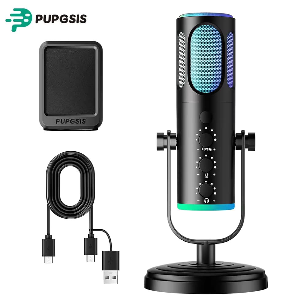PUPGSIS Gaming-Mikrofon für PC, Kondensatormikrofon mit Geräuschunterdrückung, RGB-Beleuchtung, Stummschaltung, Monitoring, Pop-Filter, Desktop-Mikrofon für