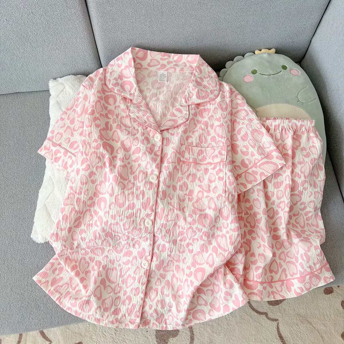 Sweet Girl Kurzarm-Pyjama für Damen, rosa Leopardenmuster, Homewear-Set, Nachtwäsche, Homewear, geeignet für alle Jahreszeiten