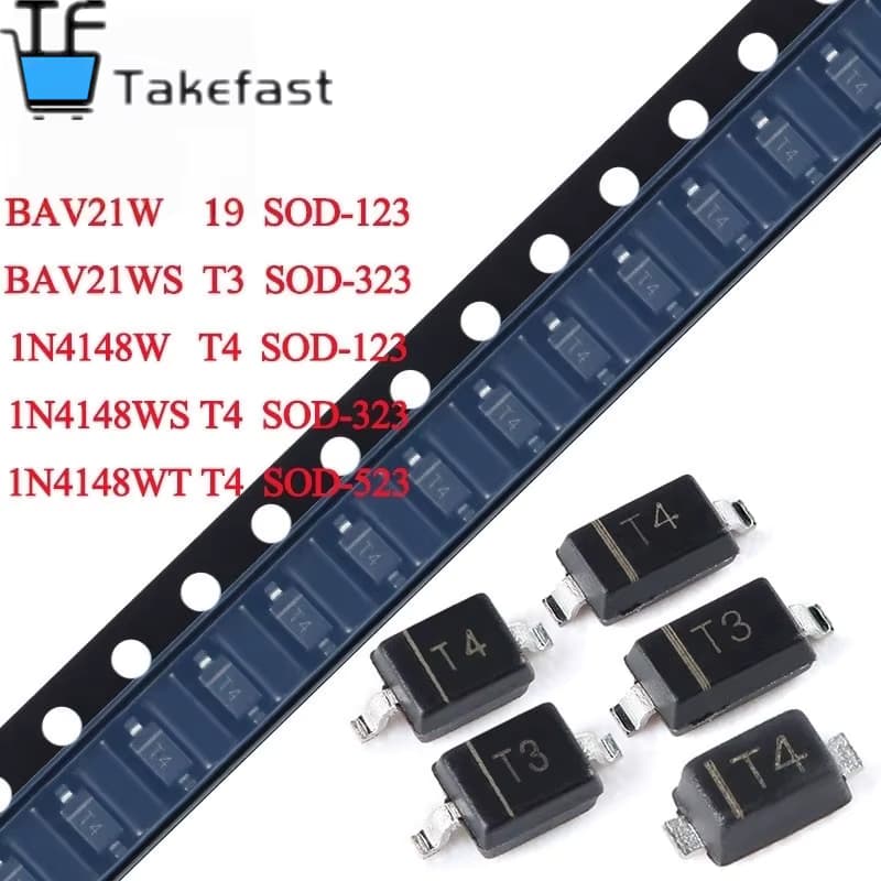 Takefast 100 Stück 1N4148W T4 BAV21W T3 SOD-123 1N4148WS BAV21WS SOD-323 1N4148WT SOD-523 1N4148 BAV21 BAV21W SMD Schaltdioden