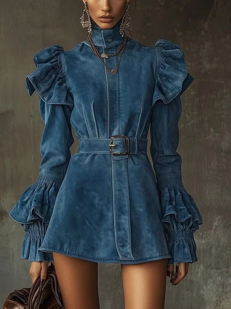 Damen Wildleder-Minikleid Vintage Hochgeschlossen mit Rüschenärmeln und Gürtel Tailliertes Slim-Fit-Kleid für Casual-Partys und Abendveranstaltungen