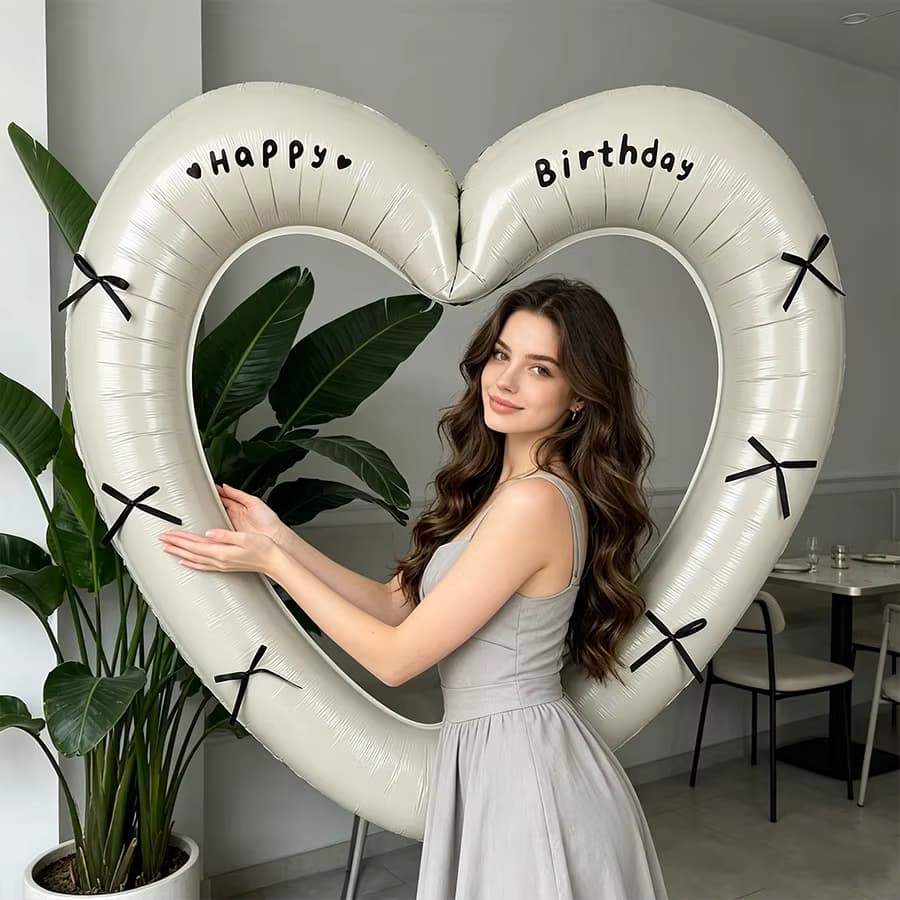 Alles Gute zum Geburtstag Hohlherz-Folienballon-Set mit Schleifen Aufkleber Geburtstagsparty Fotorahmen Requisiten Dekorationszubehör Hochzeit