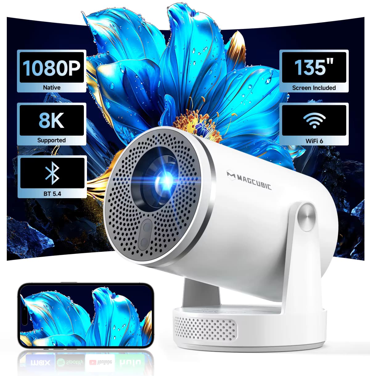 Magcubic HY320Pro Full HD Projektor Android 14 Native 1080P Beamer Auto-Fokus Tragbares Heimkino Sprachsteuerung HY300 Pro Upgrade