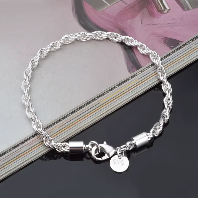 4MM Versilbertes Gedrehtes Seil-Armband Schmuck für Frauen und Männer Mode-Kette Charm Blitzschmuck Accessoires