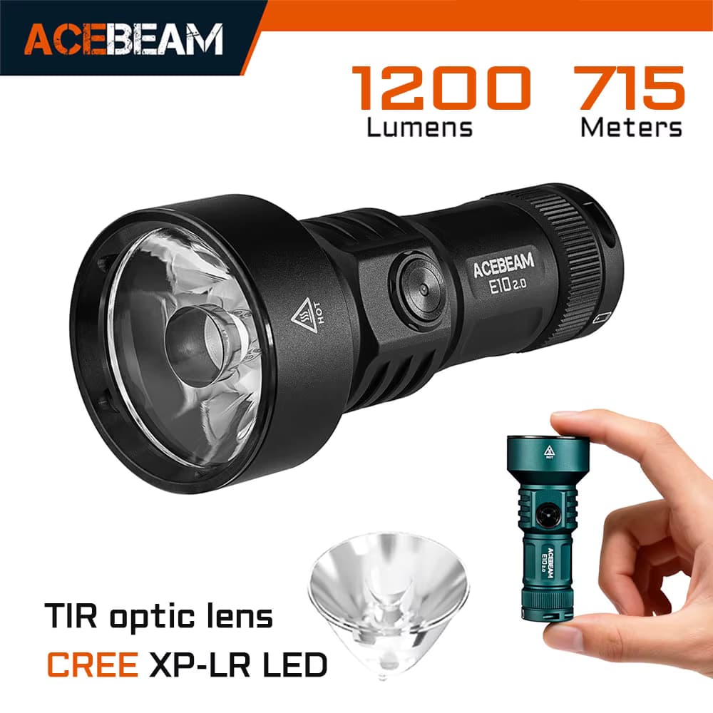 ACEBEAM E10 2.0 Langstrecken-EDC-Taschenlampe, kompakte, per USB aufladbare Leuchte für Camping mit Stroboskopmodus und TIR-Optik.