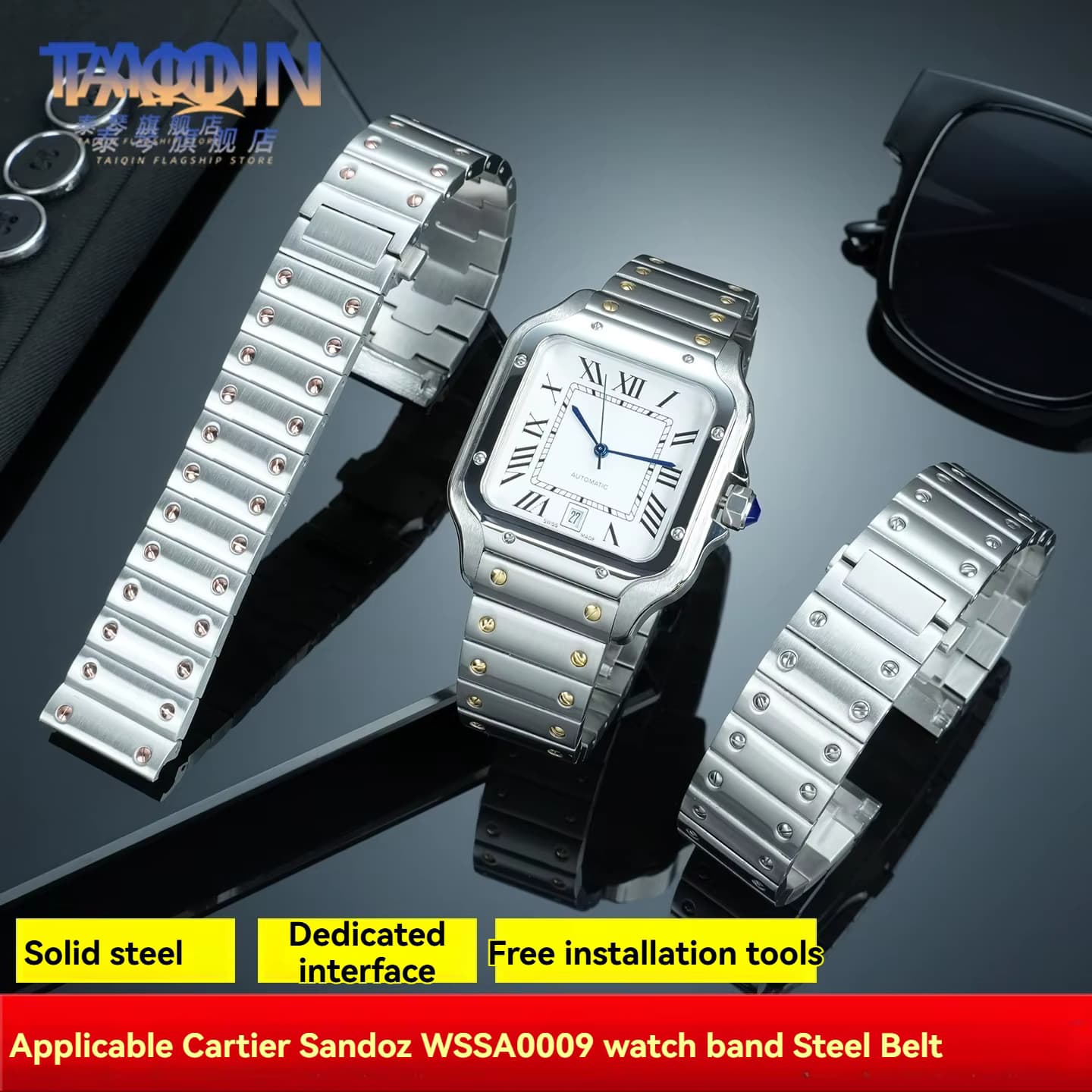 Spezielle Schnittstelle Edelstahlarmband für Cartier Santos WSSA0009 WSSA0013 WSSA0010 Nicht-Schnellverschluss-Metallarmband 21 mm