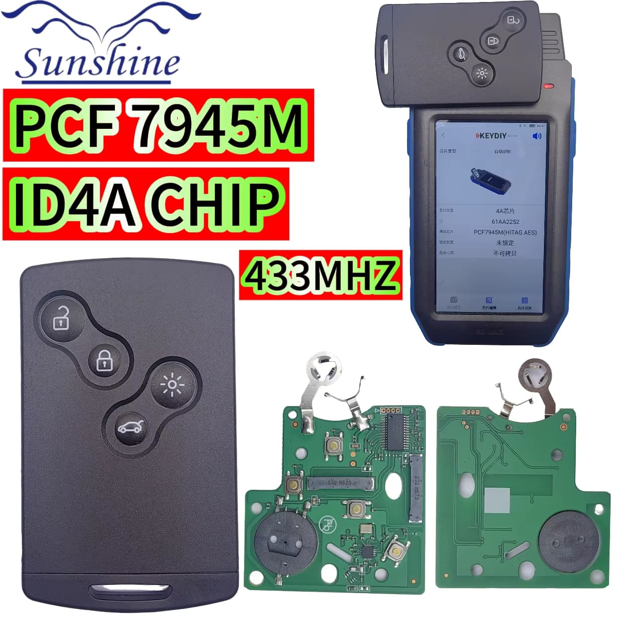 Sunshine 4-Tasten-Fernbedienungsschlüssel, Schlüsselkarte, schlüsselloser Smart Key, 433 MHz, PCF7945 ID4A Chip für Renault Clio 4, Schlüsselkopie ab 2013