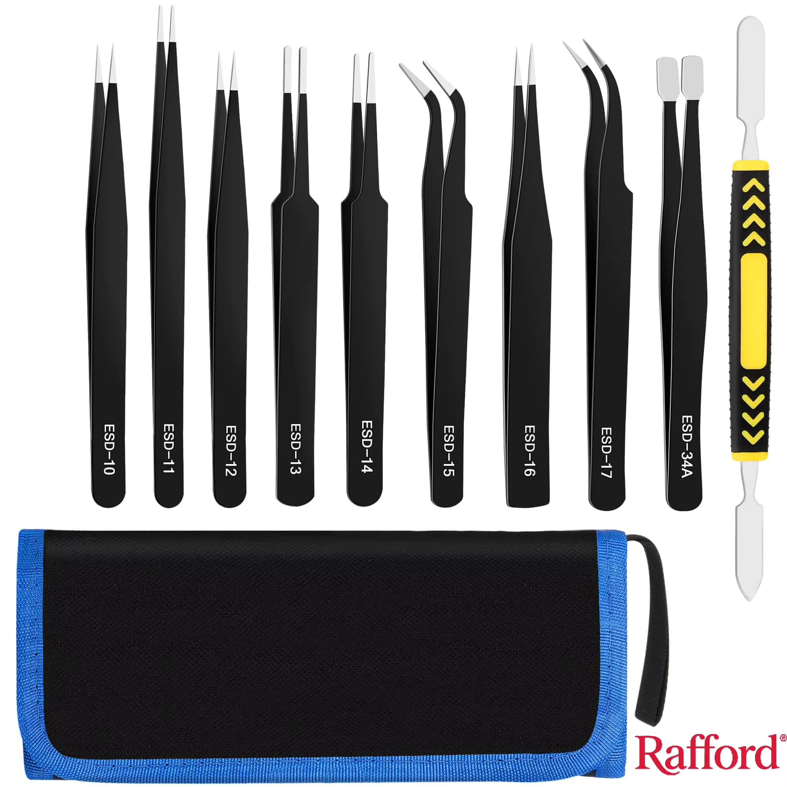 Rafford 10-teiliges ESD-Präzisionspinzetten-Set – antistatisch, antimagnetisch, aus Edelstahl, mit Tasche für die Reparatur von Elektronik, Handwerk und Labor