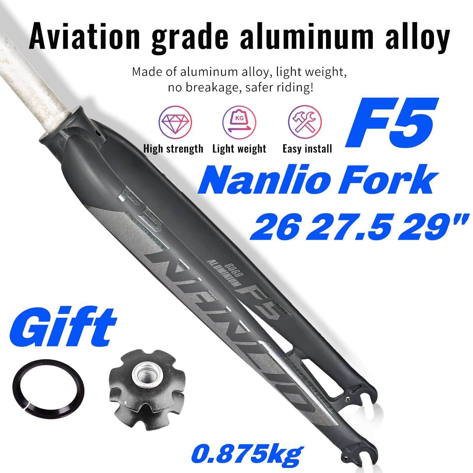 NanLio MTB Hartgabel Fahrradaufhängung Aluminiumlegierung 26/27,5/29 Zoll Universal Mountainbike Gabel Gerader Kegel 28,6 mm A-Säule