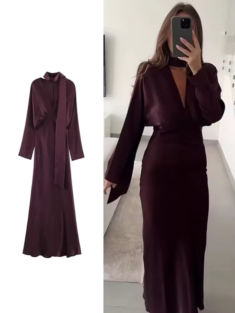 2026 Neues Schal-Kleid Einfarbiges Elegantes Maxikleid Damen Frühling V-Ausschnitt Langarm Club Party Langes Kleid Weiblich Schick Figurbetont