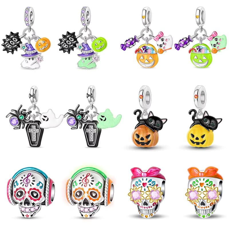 Original 925 Silber Farbe Mode Halloween Serie Leuchtende Schädel Elf Kürbis Charms Perlen Fit Qikaola Armbänder DIY Schmuck