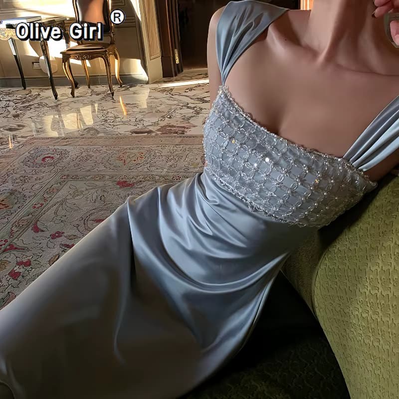 Olivegirl Damenkleid, bezauberndes, mit Pailletten besetztes A-Linien-Abendkleid mit quadratischem Ausschnitt, für besondere Anlässe, schlicht, glitzernd, Seidensatin, bodenlang
