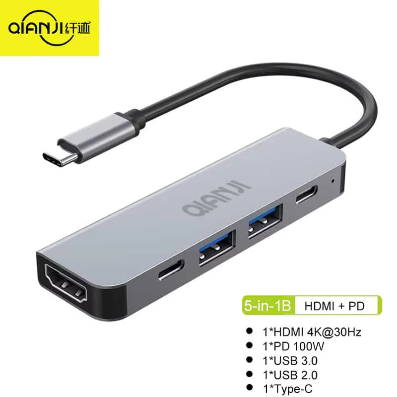 USB-C Hub Multiport-Adapter 5-in-1 mit HDMI 4K, Typ-C 3.0 Anschlüssen und 100W Power Delivery Qianji HUB 5-in-1 für Laptop MacBook