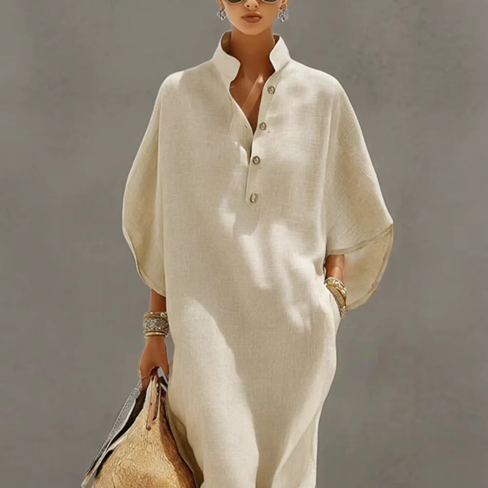 Damen-Maxikleid aus Leinenimitat mit Fledermausärmeln, Vintage-Stehkragen, halbem Knopfverschluss, Taschen, lockerer, lässiger Sommer-Kaftan