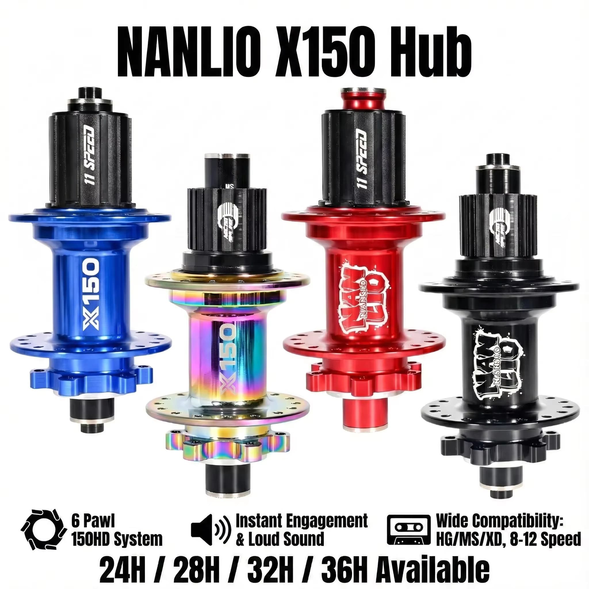 Nanlio X150 Mountainbike-Nabe mit 6 Sperrklinken, 150 HD-Verlobung, lauter Ton für HG/MS/XD/K7 (SX/NX)-Kassetten. 8-12 Geschwindigkeit. 24/28/32/36 Loch