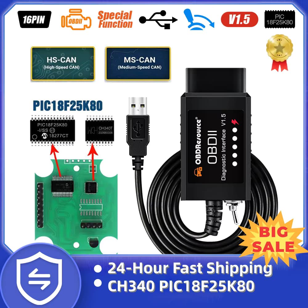 OBDResource FORSCan OBD2 USB-Adapter ELM327 V1.5 für Windows CH340 Diagnosegerät mit MS-CAN/HS-CAN-Schalter PIC18F25K80