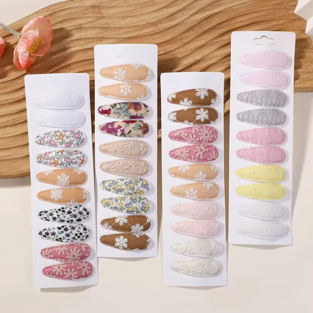 10 Teil/los Ins 2,2 zoll Blume Drucken Baumwolle Legierung Haar Bogen Snap Clips Set Stoff Plaid Bobby Haarnadeln Grips mädchen Kinder Kopfbedeckungen