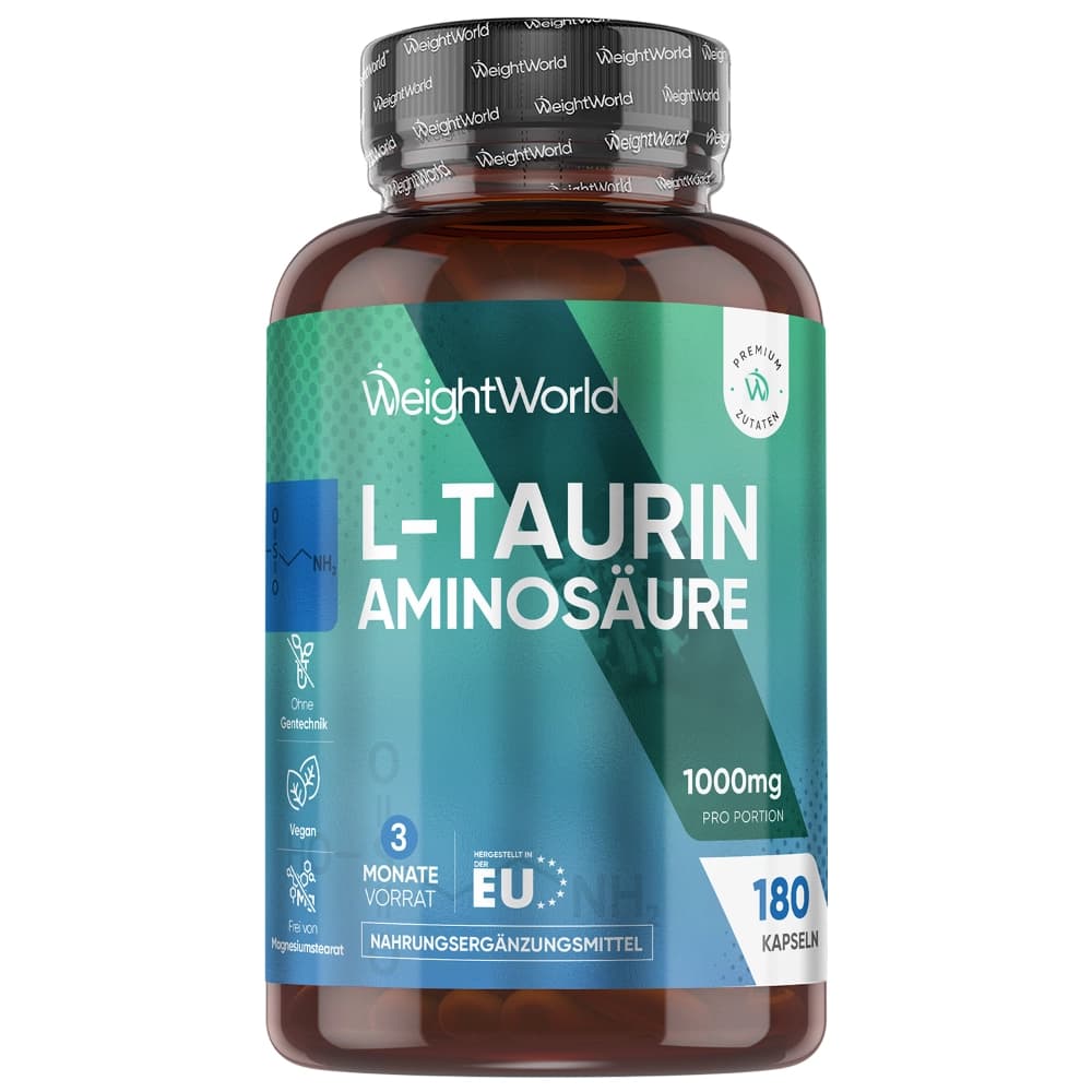 Taurin für mehr Energie und Leistung | 180 Kapseln | Je 1.000 mg L-Taurin pro Dosis | Vegan und glutenfrei | online bestellen. Offer from WeightWorld DE.