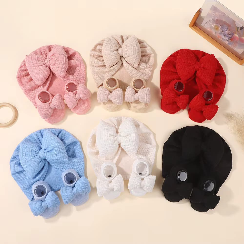 3-teiliges Set Weiche Baumwolle Baby Stirnband Socken Set für Neugeborene Mädchen Elastischer Turban Hut Rutschfeste Kleinkind Mütze Einfarbig
