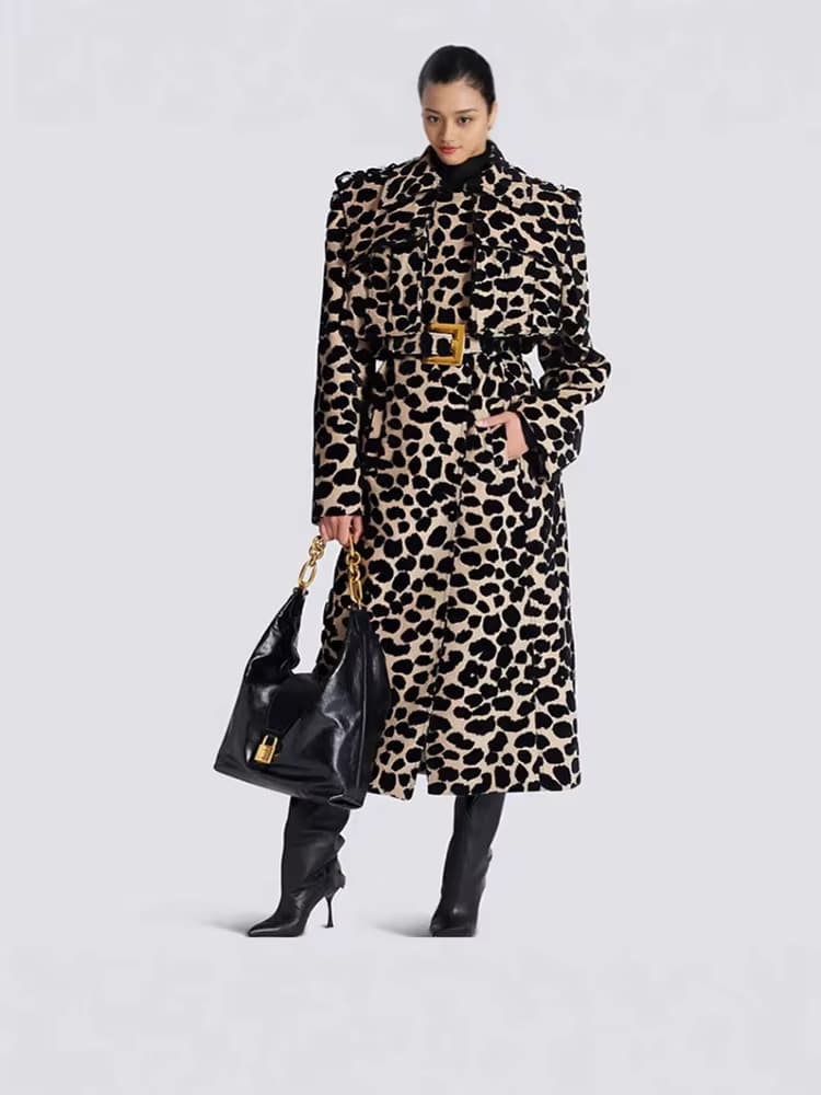 HIGH STREET Neueste Herbst/Winter 2026 Designer-Mantel für Damen mit Gürtel, Leoparden-Jacquard Langer Trenchcoat