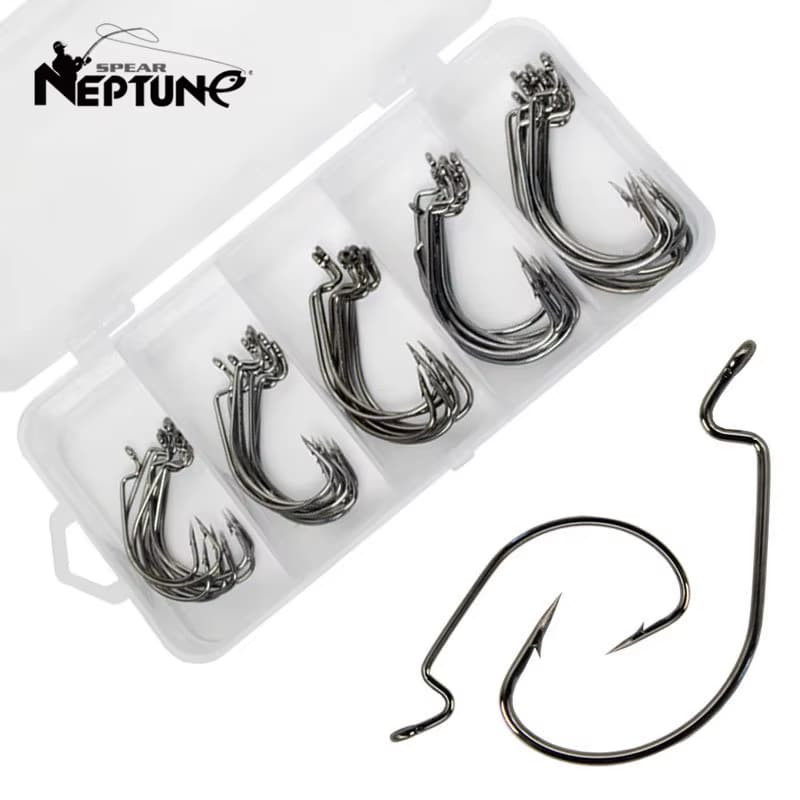 50-teiliges Kurbelhaken-Set 8 # -3/0 Angelhaken Salzwasser Soft Worm Lure Wide Gap Offset Angelhaken Jig Angelhaken für Karpfen Hecht mit Box