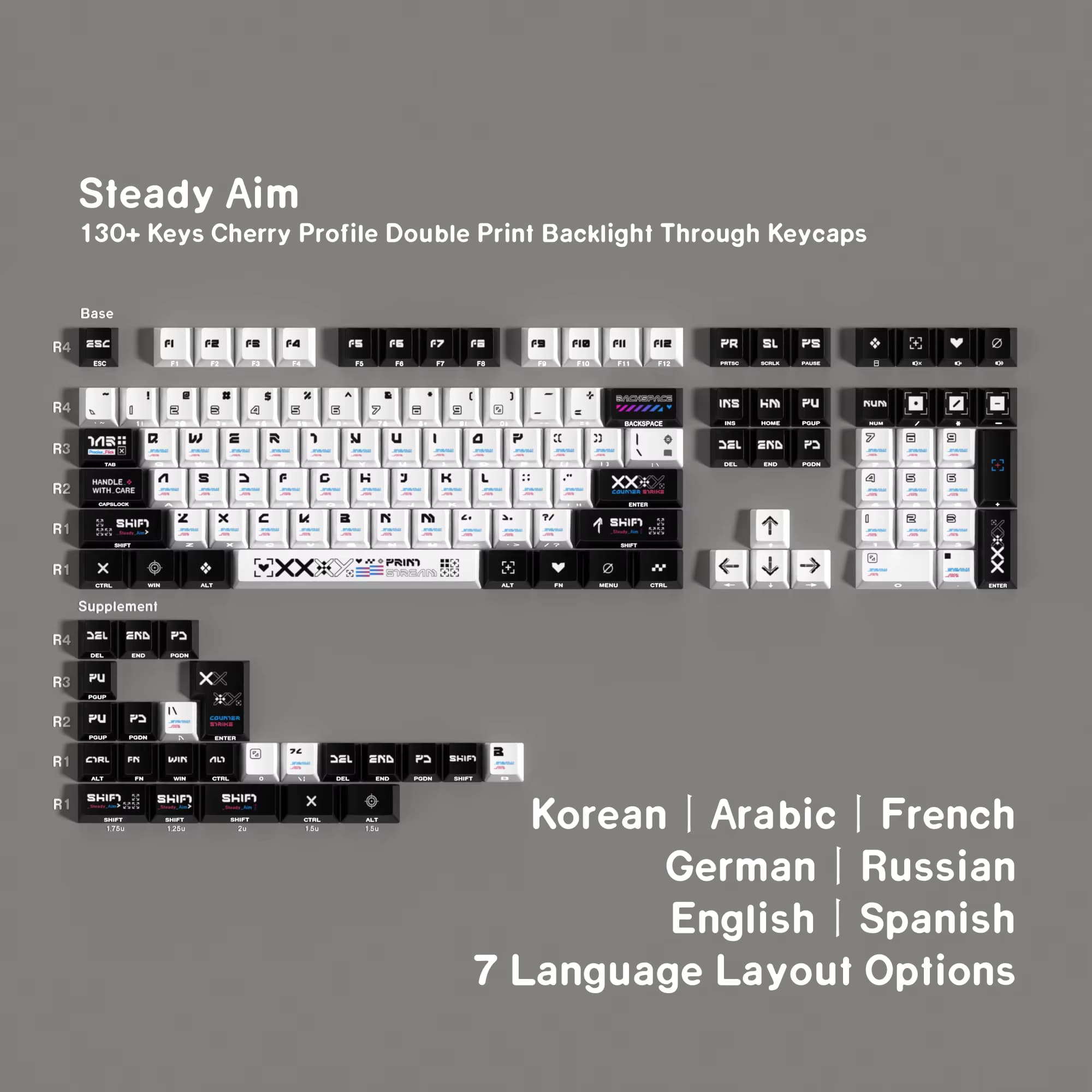 ISO FR DE ES Tastenkappen, koreanische Tastenkappe, PBT-Kirsch-Tastenkappen, individuell, schwarz, weiß, doppelter Druck, seitliche Hintergrundbeleuchtung für mechanische Spieltastatur
