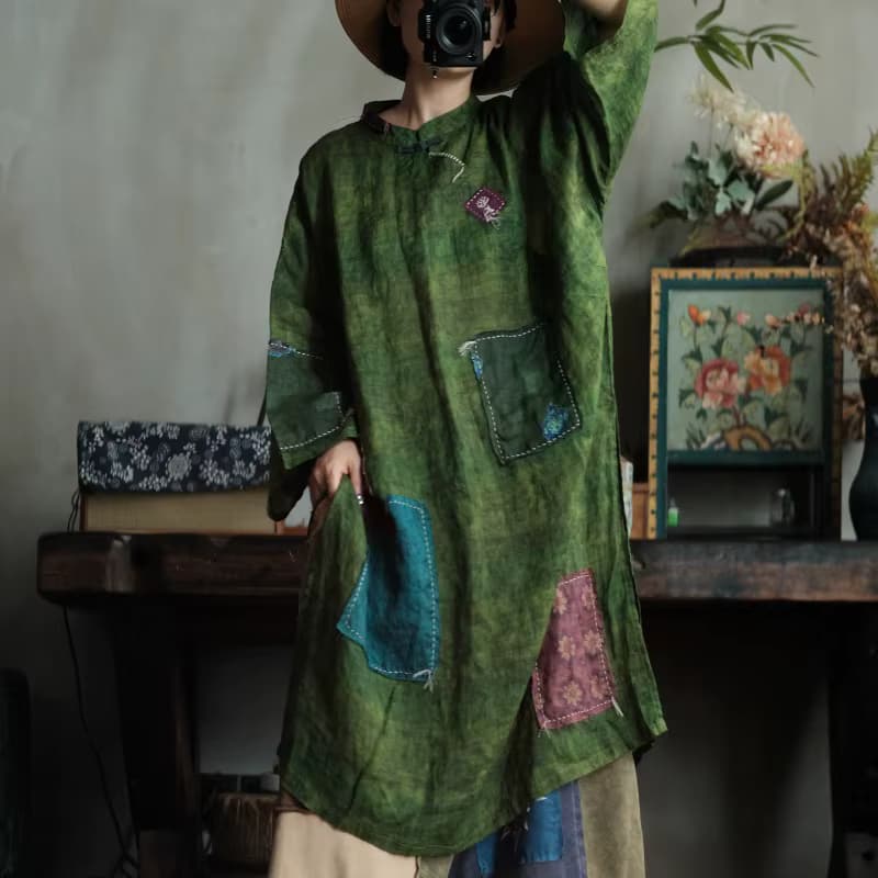 Damen Vintage Kunst-Patchwork-Kleider 2026 Chinesischer Stehkragen Frühling Neu Langarm Locker Sitzende Übergröße Ramie-Roben Damenkleidung