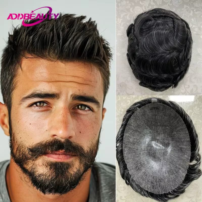 Herren-Kapillarprothese mit Knoten, Herren-Toupet, Voll-PU, 0,12 mm, dünne Haut, natürliches menschliches Haarteil, echte menschliche Remy-Haarsystem-Perücke