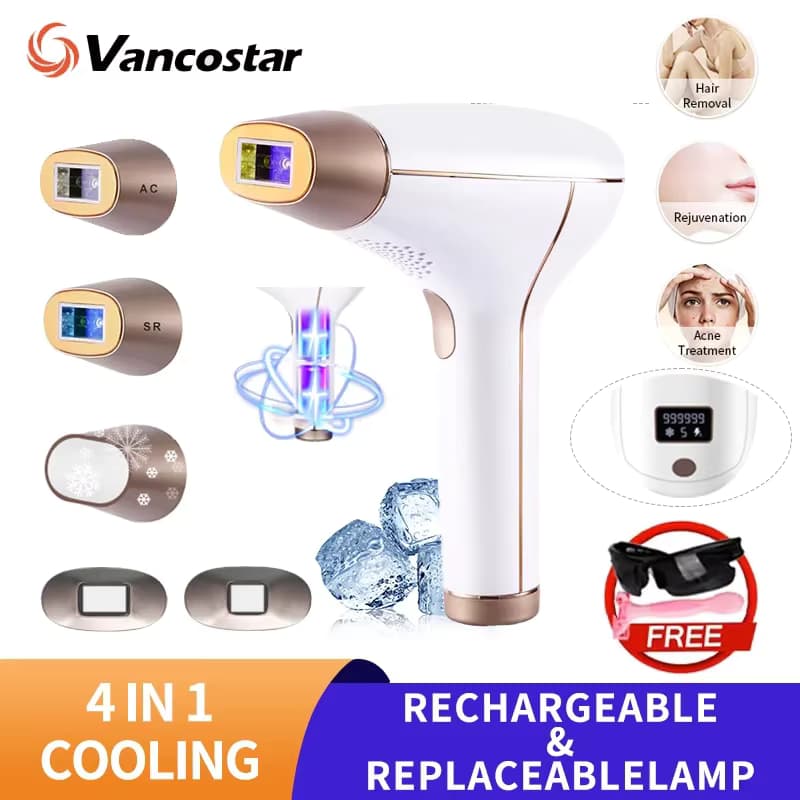 Vancostar Akku-Laser-Haarentfernung, wiederaufladbar, 4-in-1, austauschbare Lampe, kühlend, schmerzlos, permanent, Bikini-Trimmer, IPL-Epilierer