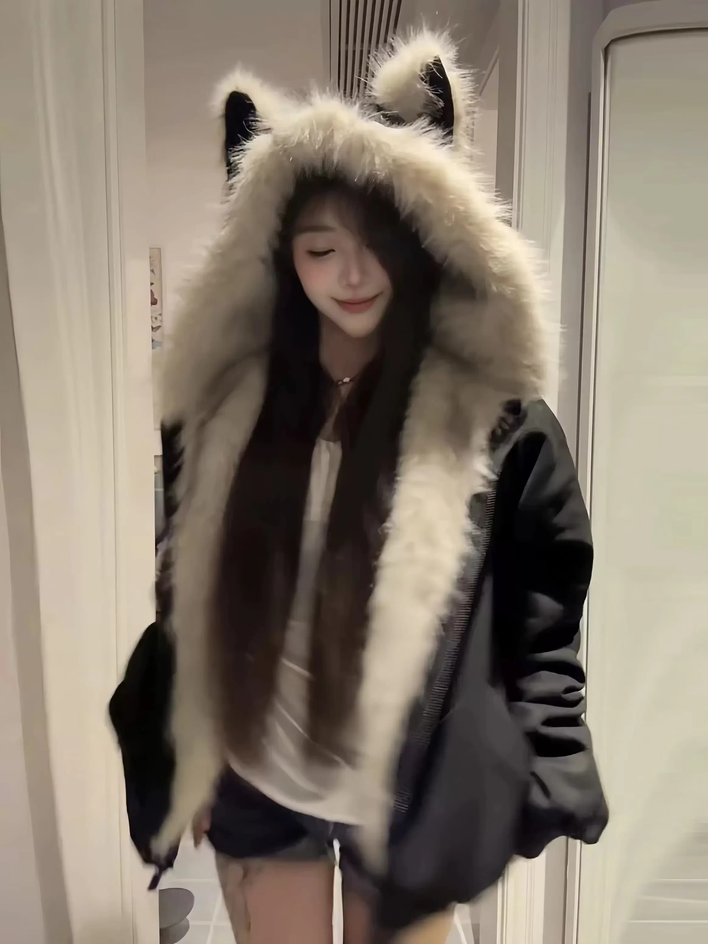 Frauen Y2k Faux Pelz Kragen Kapuze Mode Parkas Winter Neue Elegante Liner Lose Mantel Casual Harajuku Oberbekleidung Ästhetische Jacken